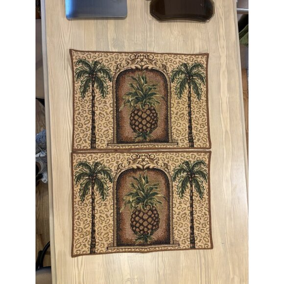 Set Of 2 Vintage Tapestry Placemats Pineapple Palm Tree Coconut Quality Boho 70s - Picture 2 of 6